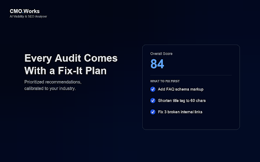 Free AI Visibility & SEO Analyser · CMO Works :: Score any webpage on SEO, AI Visibility (GEO/AEO), Trust and Conversion in 10 seconds. Free rule-by-rule audit + strategic analysis.