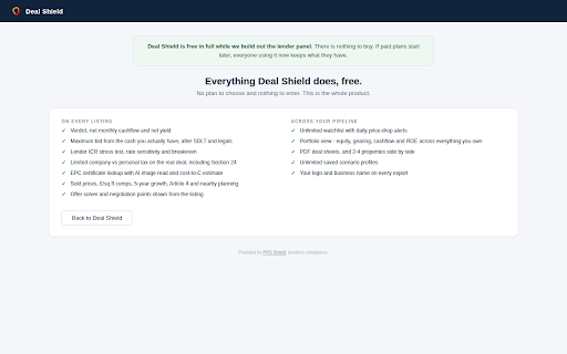 Deal Shield - BTL Deal Analyser :: BTL and BMV appraisal on Rightmove, Zoopla & OnTheMarket: cashflow, max bid, stress test, tax, EPC cost, comps, BMV offers.