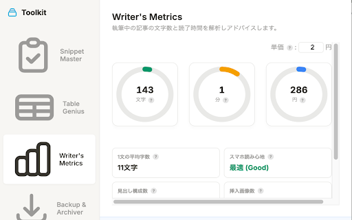 Creator Toolkit for note :: noteクリエイター必携。記事のバックアップ、TeX表作成、定型文管理、ライティング分析の4つのツールを1つにまとめた総合拡張機能。