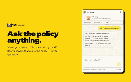 T&C Reader — know what you agree to :: Grades Terms and Privacy Policies A–F, flags unfair clauses, and shows the exact sentence behind every claim.