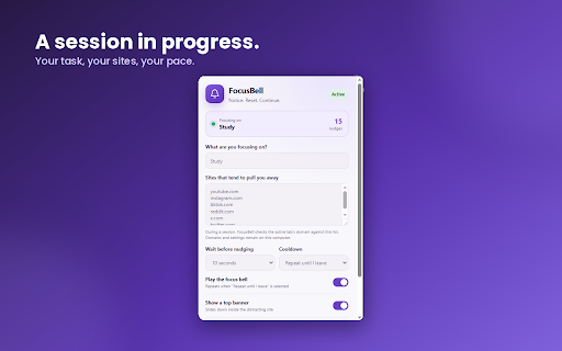FocusBell - ADHD Focus Reminder & Gentle Distraction Nudges :: ADHD-friendly bell and banner reminders help you return to focus when distracting websites pull you away.
