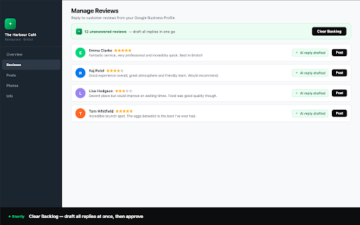 Starrly — AI Review Replies :: Generate professional AI replies to your Google Business reviews in one click. Powered by Starrly.