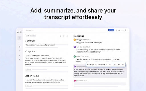 Bertlo: Record & Transcribe Meetings - Google Meet & Web Audio :: Live captions, real-time transcript & translation on Google Meet, Zoom, Teams & YouTube — AI meeting notes in 60+ languages.