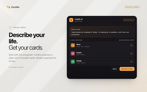 CardGo: AI Context Cards :: Attach reusable context cards to ChatGPT, Claude, Gemini, Perplexity, and Grok — you choose what each chat knows.