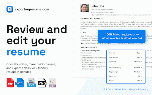 Resume from LinkedIn: PDF & Word CV Export – ExportMyResume :: Turn your LinkedIn profile into an ATS-friendly resume in one click. Free PDF & Word (DOCX) export with a free account.