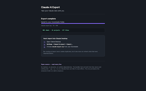 Claude AI Export — chats, projects & tasks :: Export claude.ai chats, projects, attachments and scheduled tasks to a local zip. Runs in your browser; nothing is uploaded.