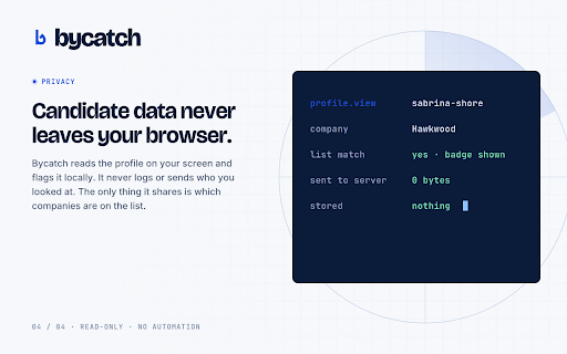 Bycatch – Off-Limits List for LinkedIn :: Flags off-limits candidates on LinkedIn and LinkedIn Recruiter. One shared hands-off list for your whole recruiting team.