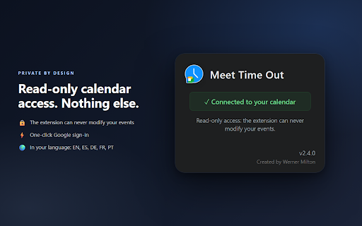 Meet Time Out :: Adds a timer to your Google Meet calls, synced with your Google Calendar.