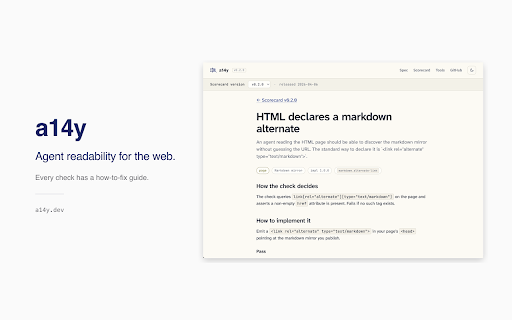 a14y (Agent Readability) :: Score how well any website is readable by AI agents like ChatGPT, Claude, Copilot, and Cursor.