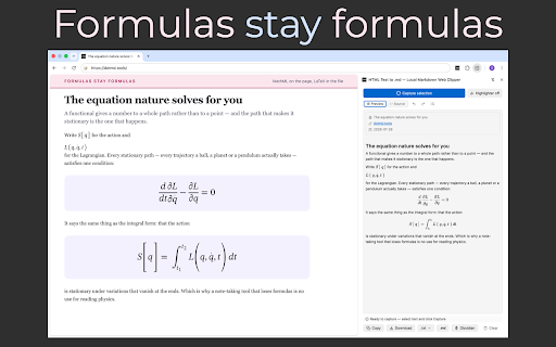 HTML Text to .md — Local Markdown Web Clipper :: Select any part of a page and convert it to clean Markdown. Tables, code and math stay intact. Runs locally in Chrome.