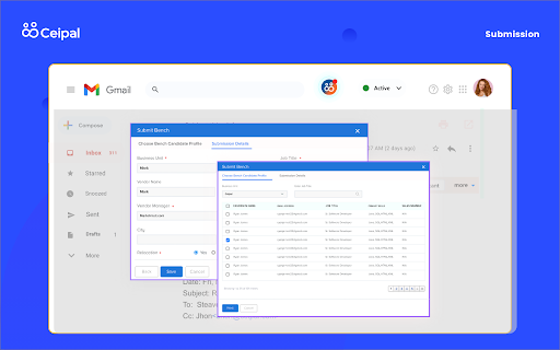 CEIPAL ATS For Gmail :: Easily add and manage clients, vendors, applicants, and jobs directly into the Ceipal ATS from your Gmail.