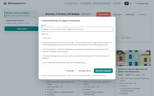 WohnungsRadar :: Finds rental homes in Germany for you: searches ImmoScout24, Kleinanzeigen, Immowelt & more, scores every ad, writes to landlords.