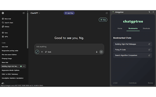 Chatgptree: Advanced Tools for ChatGPT :: Add powertools to Chatgpt web interface like an interactive conversation tree, code runner, expandable chatbox, bookmarks and more