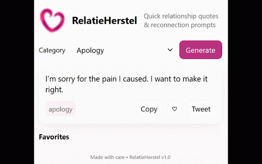 RelatieHerstel — Relationship Quotes :: Generate relationship quotes and connection prompts. Save favorites, copy and share quickly.