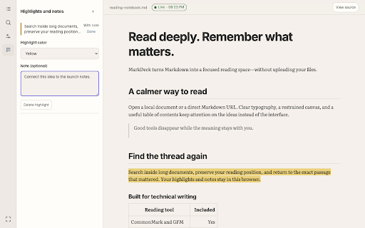 MarkDeck: Markdown Viewer & Reader :: Open local .md files by their path and read them beautifully. Live updates, highlights and notes. Private, no account.
