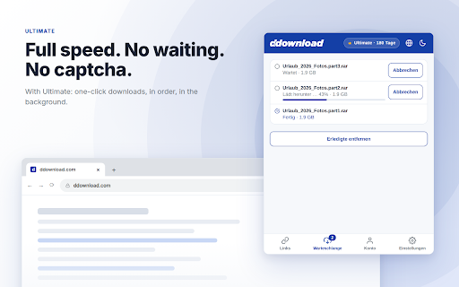 DDownload :: Detects ddownload links on any page, downloads them or imports them into your account. Full speed with Ultimate.
