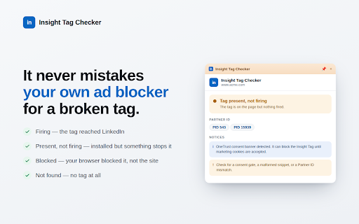 Insight Tag Checker for LinkedIn :: Check if your LinkedIn Insight Tag & conversions are firing, and decode every tag request — live, on any site, 100% local.