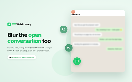 Blur for WhatsApp Web - Hide Names, Photos & Chats :: One click to blur contact names, photos and chat messages on WhatsApp Web. Anti screen & status spying — hover to reveal.