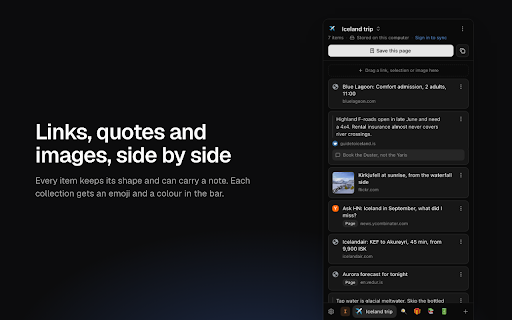 Collections :: Save pages, links, text and images into a side panel. AI summaries and answers from what you saved. Imports Edge Collections.