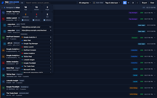 Tag Debugger by Aloola.io :: See every analytics and ad tag fire, the data layer pushes that triggered them, and any duplicates or personal data leaking out.