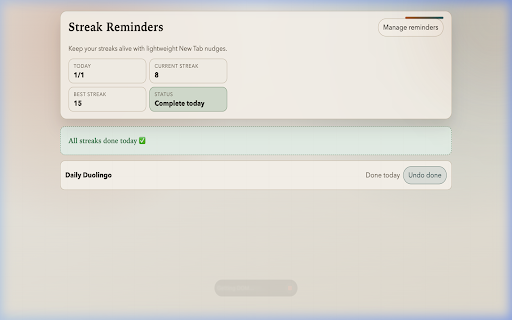 Streak Reminders :: New Tab reminders for daily streaks with priority queue and done-for-today logic.