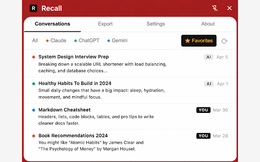 Recall :: Capture your AI conversations from Claude, ChatGPT, and Gemini as a portable memory layer.