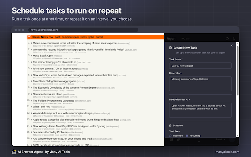 AI Browser agent :: AI-powered browser automation agent that can create, schedule, and execute tasks to automate web interactions and data extraction.