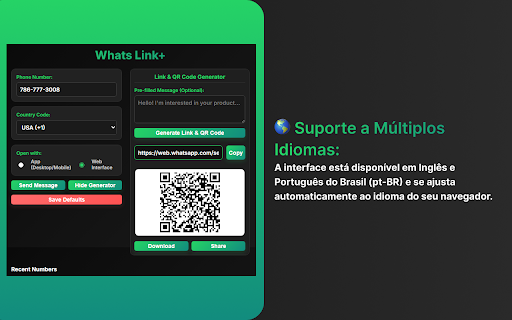 Whats Link+: WA Mensagem Direta Fácil e QR Code :: A forma mais rápida de iniciar conversas no WhatsApp. Envie mensagens, crie links e gere QR codes