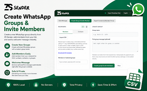 ZS Sender - WhatsApp Bulk Sender from CSV :: Send WhatsApp messages in bulk from WhatsApp Web: numbers, contacts, groups, lists, CSV import, delays and batching.