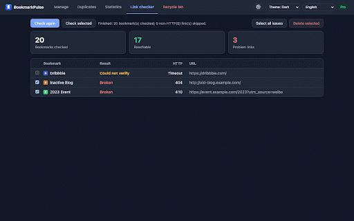 BookmarkPulse — Bookmark Manager & Visit Stats :: Free bookmark manager with batch tools, dedupe, export, and dark mode. Pro adds visit stats, weekly trends, and broken-link checks.