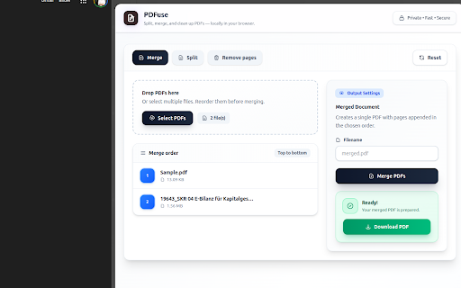 PDFuse – Effortless PDF Splitting, Merging & Page Removal :: A user-friendly Chrome extension for splitting, merging, and removing pages from PDF files directly in your browser.