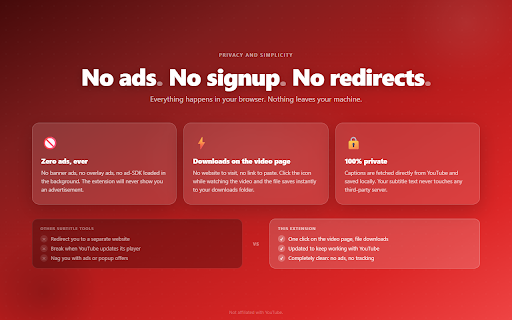 YouTube Subtitle Downloader - SRT, VTT, TXT :: YouTube subtitle downloader: save captions as SRT, VTT, or TXT. Works on auto-generated captions. No ads, no signup, no redirects.