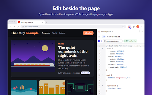 Code Injector & Web Editor :: Add your own JavaScript and CSS to any website. Edit in the popup, the side panel, DevTools or a full-page editor.