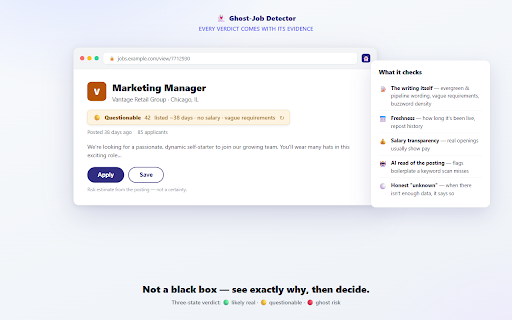 Ghost-Job Detector :: Flags job listings that show ghost-job warning signs on LinkedIn and Indeed, with the reasons. A risk estimate, not a certainty.