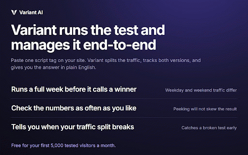 Variant AI :: Variant explores your site, proposes A/B tests, and ships the winners. Preview every change on your real page first.