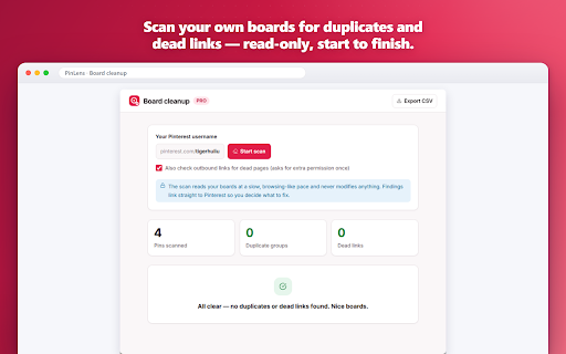 PinLens for Pinterest :: Pin stats & viral scores on every pin, board cleanup for duplicates & dead links, and AI pin copy.