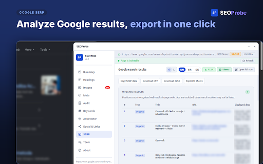 SEOProbe :: Visual SEO audit tool with AI detection, link analysis, accessibility checks, Google Sheets export and XLSX export.