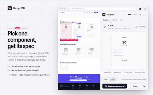 DesignMD: Copy Website Design, Mix with AI :: Copy any web page's design into a design.md spec of real CSS values and design tokens, ready for your AI coding agent.