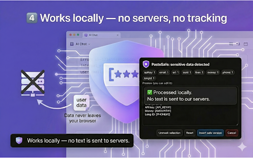 PasteSafe — AI Paste Sanitizer :: Protects API keys, emails and sensitive data when pasting into ChatGPT, Claude and Gemini. Detects and masks sensitive data.