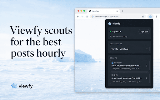 Viewfy :: Drafts posts and replies on LinkedIn and X, right where you'd type. Finds threads. Learns your voice. You post.