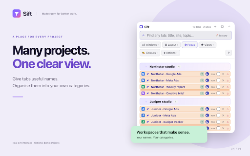 Sift: tab finder :: Find any tab out of hundreds as fast as out of three. Search-first command palette + a no-scroll, site-clustered side panel.