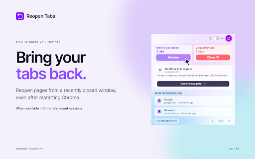 Reopen Closed Tabs - Browsing History & Tab Manager :: Reopen closed tabs, manage history, and move a tab to Incognito while clearing that page's history.