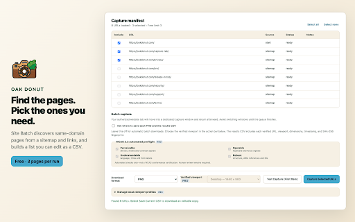 Oak Donut :: Capture complete webpages as local PNG or PDF files, with same-domain discovery and a three-page Free Site Batch workflow.