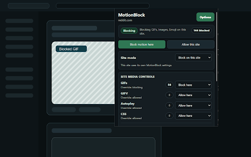 MotionBlock: GIF Blocker & Animation Stopper :: Stop GIFs, GIFV, autoplay video, hover previews, and distracting motion with per-site controls.