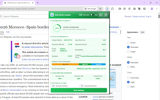 Web Word Counter Premium :: An advanced word and readability counter with writing flow analysis, reading times, and a transparent on-page text selection widget.