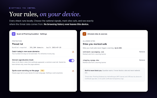 Scam & Phishing Guardian :: Spots scam and fake-login sites and shows the exact reason, on your device. Warns, never blocks. No browsing history leaves it.