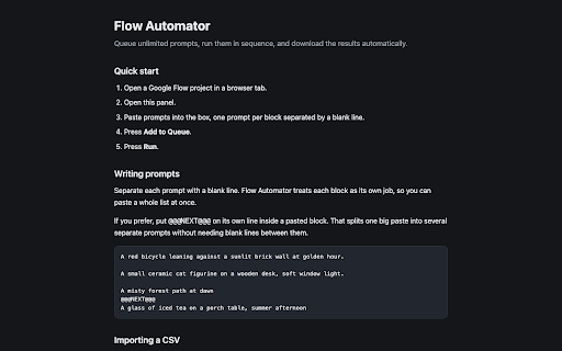 Flow Batch Studio — Prompt Queue for Google Flow :: Queue unlimited prompts into Google Flow, pair images with prompts, run them in sequence and download the results automatically.