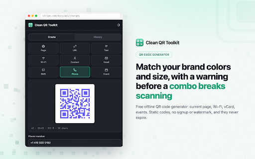 Clean QR Toolkit - Free Offline QR Code Generator :: Free offline QR code generator: current page, Wi-Fi, vCard, events. Static codes, no signup or watermark, and they never expire.