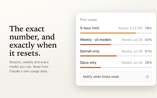 Usage Tracker for Claude - Limits & Quota :: Your real Claude limits in the toolbar, sidebar & chat box. Session, weekly & per-model quota with reset countdowns. No API key.