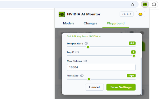 NVIDIA AI Models Monitor :: Search NVIDIA AI models, track change history, and test models in an interactive Playground with streaming and parameter control.
